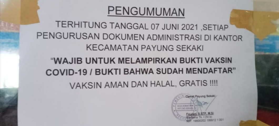 Tunjukan Bukti Vaksin, Urus Adminduk di Payung Sekaki Baru Dilayani