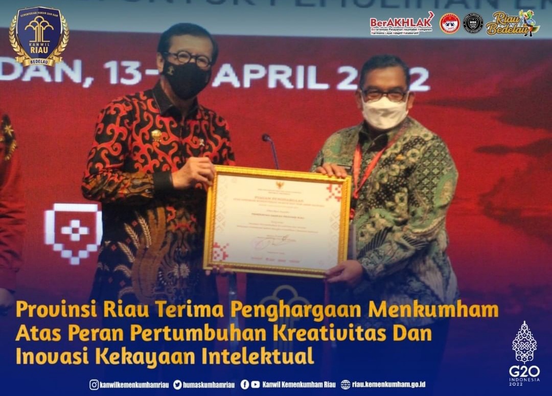Provinsi Riau Terima Penghargaan Menkumham Atas Peran Pertumbuhan Kreativitas dan Inovasi Kekayaan Intelektual