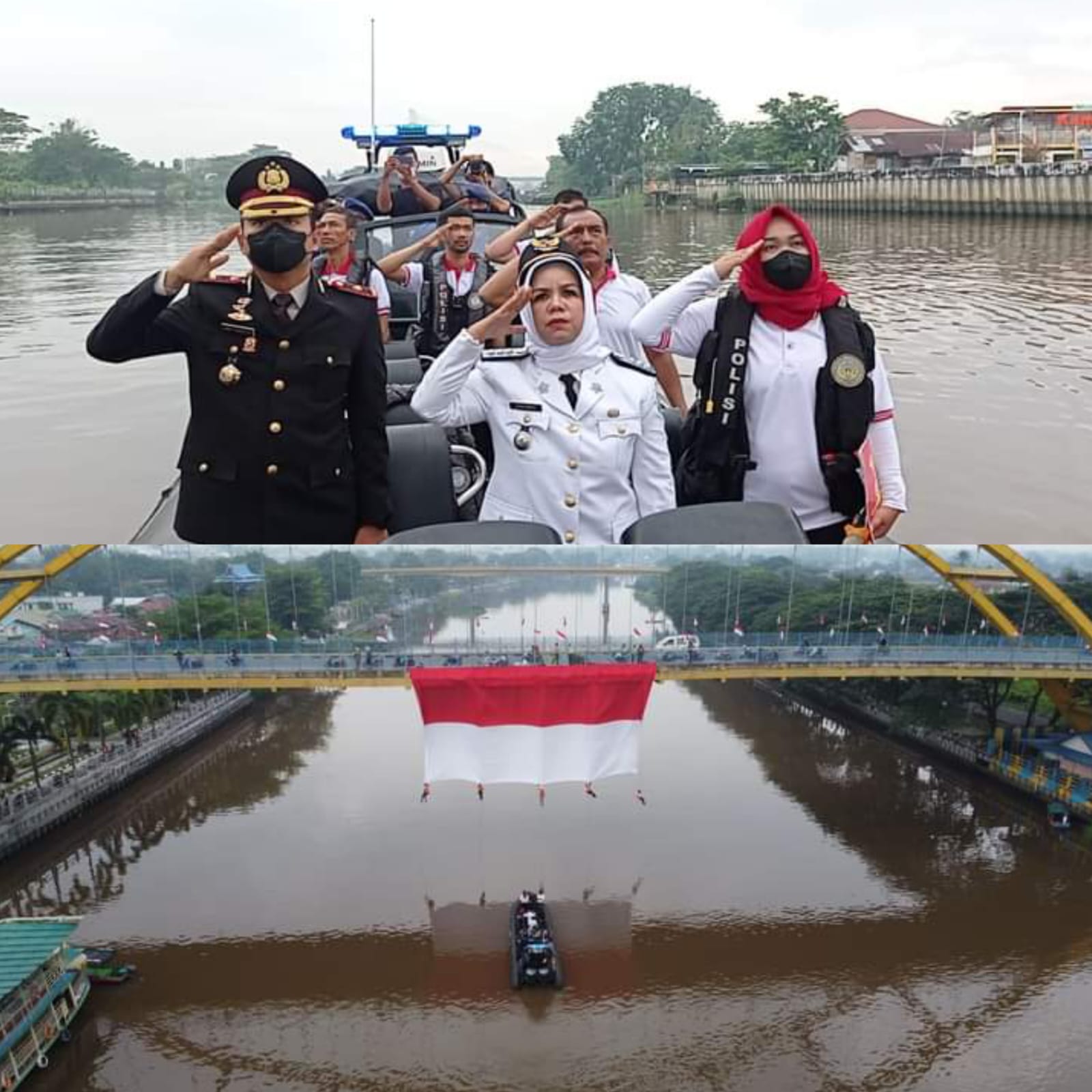 Unik... Camat Senapelan Yeni Erita Pimpin Apel HUT RI ke-77 di Atas Kapal Pol Airud Di Bawah Jembatan Siak III Pekanbaru