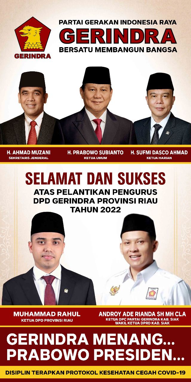 Ketua DPD Gerindra Riau Resmi Dilantik, Ketua DPC Gerindra Siak Ucapkan Selamat Bertugas