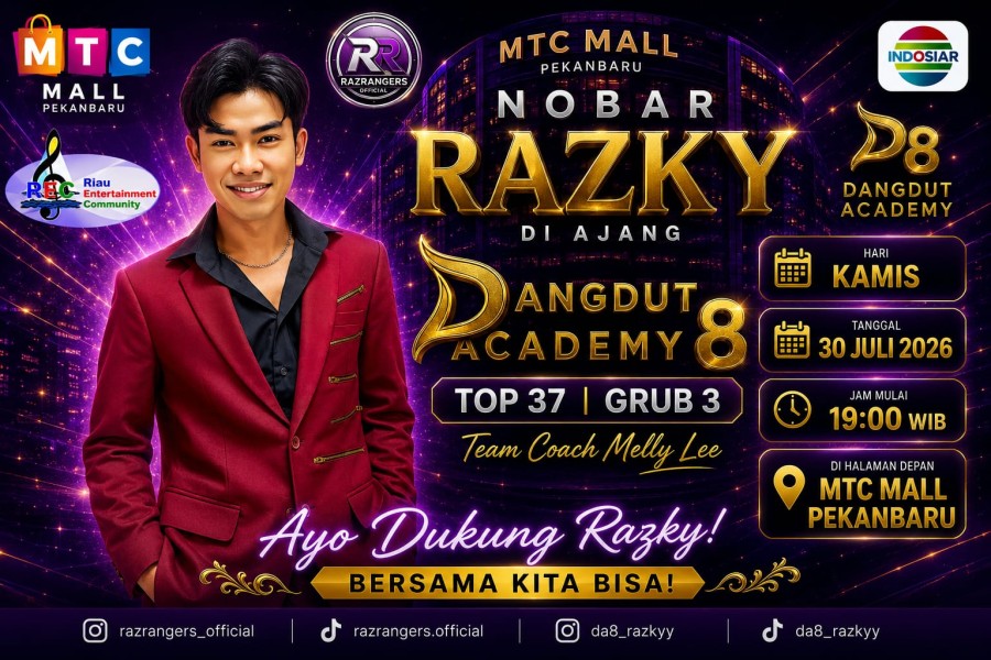 Putra Riau Tampil di Dangdut Academy 8, Nobar Razky Digelar Gratis di MTC Mall Pekanbaru