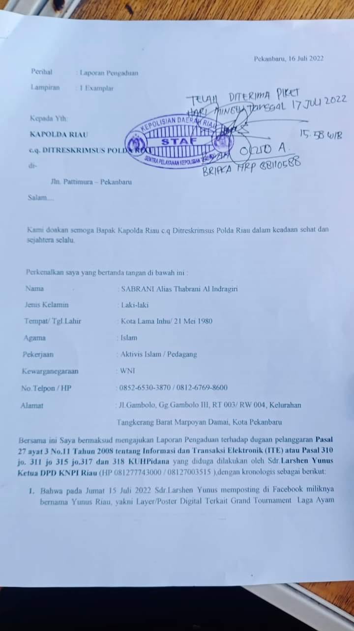 Sekretaris Dan Bendahara  Kompak Laporkan Ketua DPD KNPI Riau Larsen Yunus Ke Polda Riau