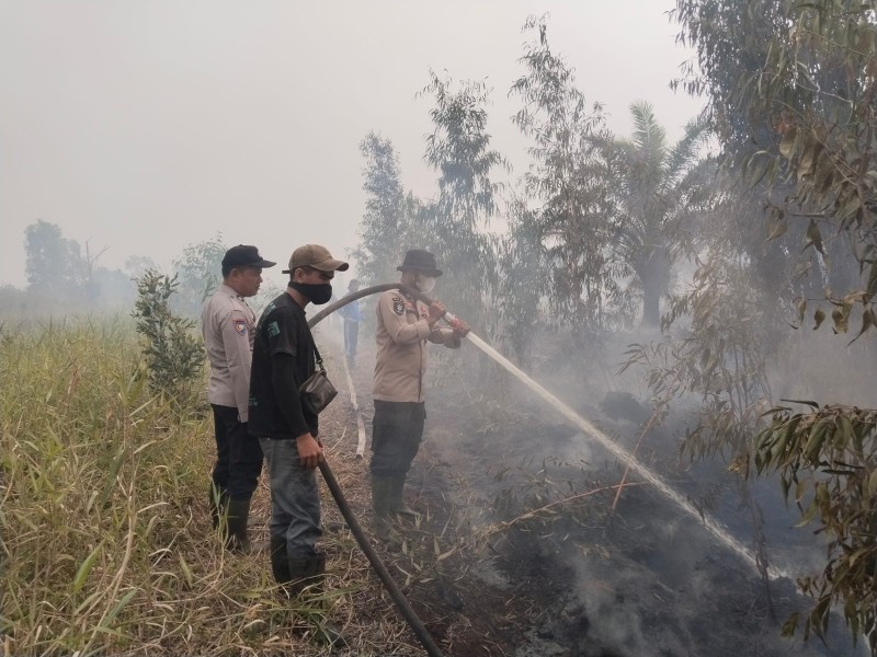 Personel Polsek Bandar Sei Kijang Bantu Padamkan Api di Perbatasan Pangkalan Kerinci dan Bandar Sei Kijang